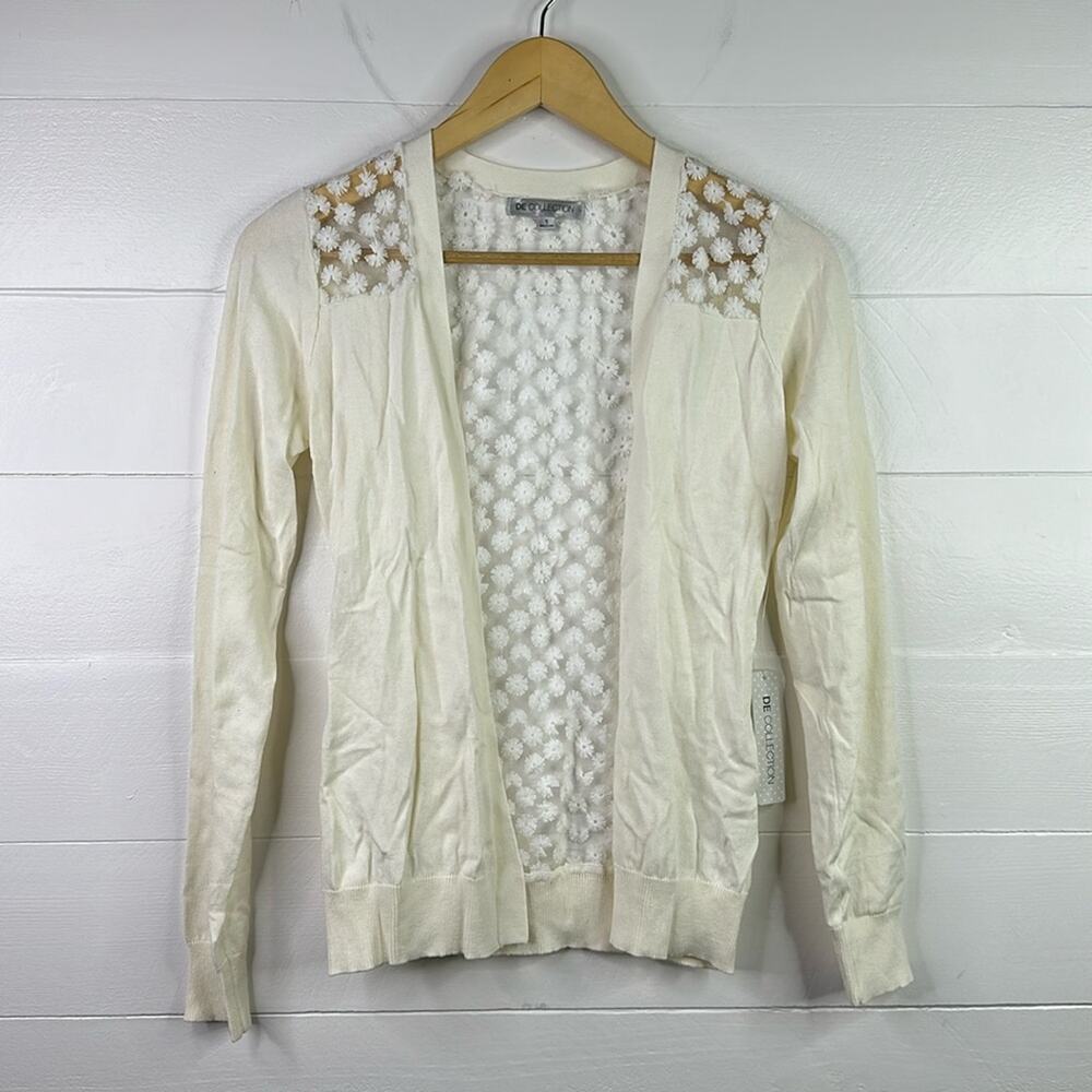 DE‎ COLLECTION Cream Floral Back Long Sleeve Cardigan Sweater Top Size Small